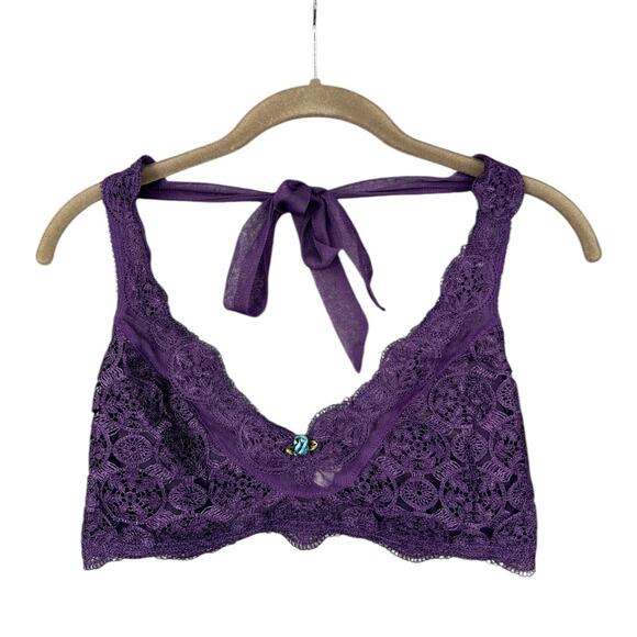 Fredericks Of Hollywood Purple Lace Halter Neck Floral Bow Bralette Womens Large - Picture 1 of 5